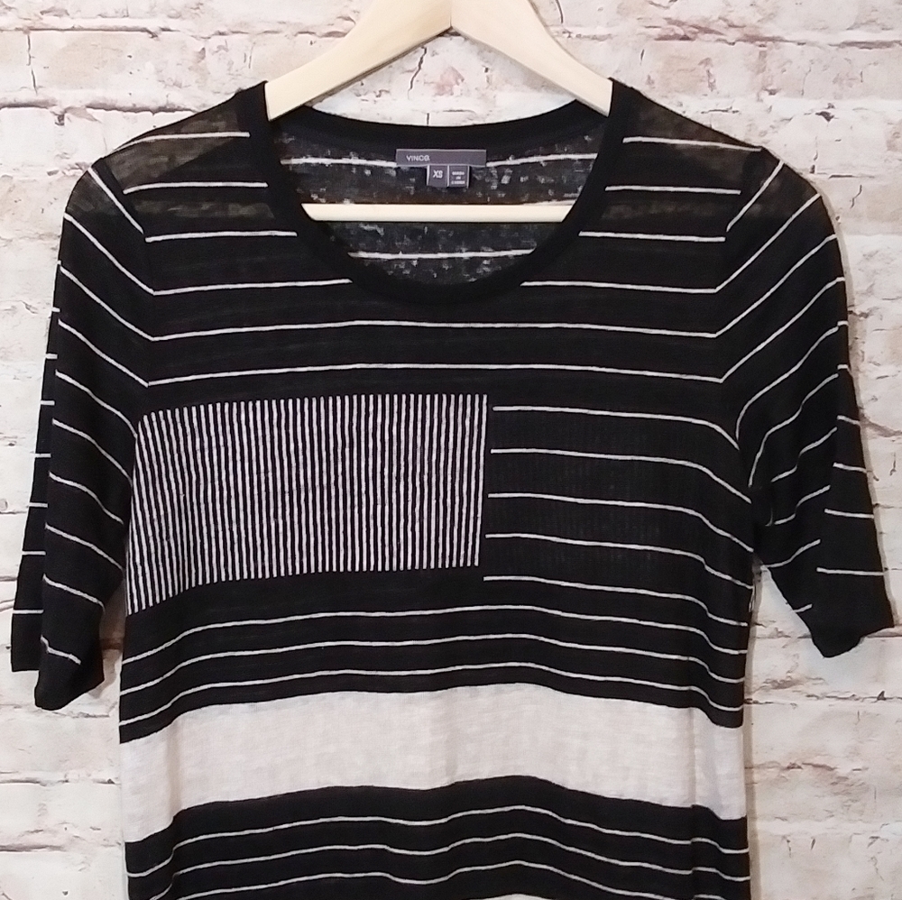 Vince Abstract Line Short Sleeve Tee Linen Top - Picture 3 of 8